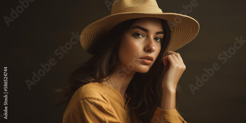 A long-legged brunette fashion model girl in a wide-brimmed hat Generative AI