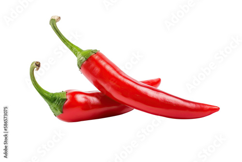 Ripe red hot chili peppers vegetable isolated on cutout PNG transparent background. Generative AI