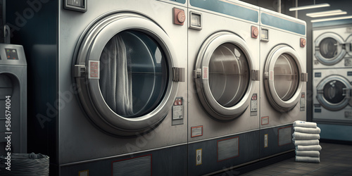 A row of industrial washing machines in a public laundromat. Dry cleaning clothes clean cloth chemical process laundry industrial drycleaning. Realistic 3D illustration. Generative AI