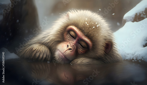 温泉に入る猿 | a monkey taking a bath in a hot spring Generative AI