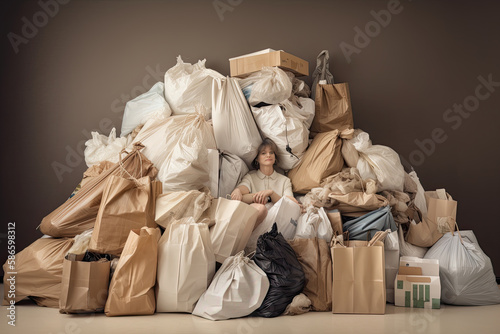 Woman sits in pile of shopping bags. Concept of shopaholism, overconsumption and buying unnecessary things. Created with Generative AI