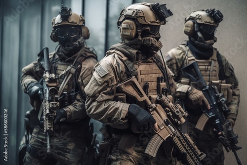 A military special force with futuristic tactical gear and weapons. Modern warfare infantry troops with assault rifles and bulletproof vests. Futuristic army force with tactical helmets. Generative AI