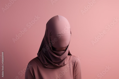 Feminism, female mental health, psychology, self-acceptance problems, protest concept. Faceless woman covering her face with cloth standing against t background, light lilac palette. Generative AI