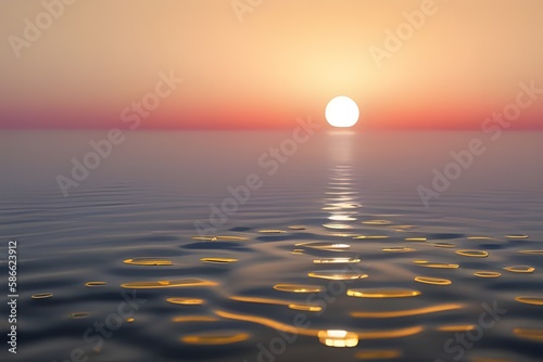  Ilustracja przedstawiająca zachód słońca nad morzem. Wygenerowane przy użyciu AI.