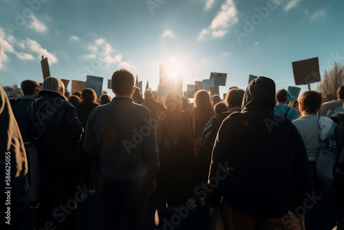 Back of people protesting in demonstration march. 