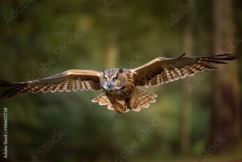 Majestic Wild Hunter: Brown Eurasian Eagle Owl Soaring Through Nature's Skies: Generative AI