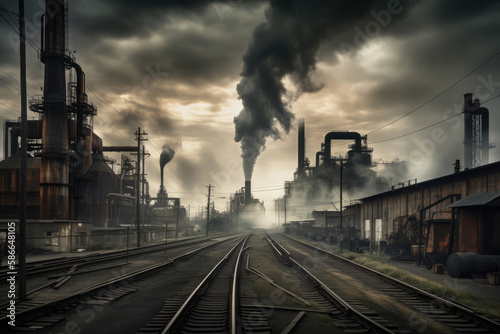 Industrial factory with smokestacks and pipes spewing steam created with AI