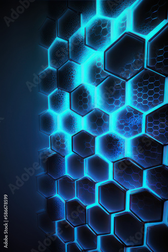 Abstract background. Neon blue honeycombs. Vertical background. AI generative.