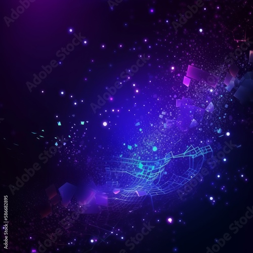 Abstract purple background with neon lights and technologic blue light.Generative AI