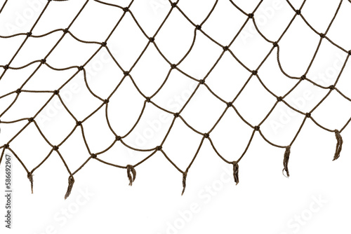 Football or tennis net. Torn rope mesh with holes on a white background close-up.
