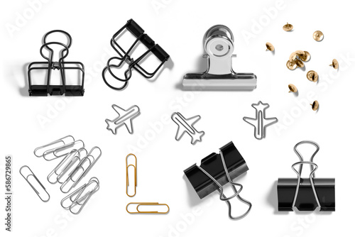 Set of various binder clip, paper clips, metal thumb tack, paper clamp isolated on a transparent background, PNG. High resolution.