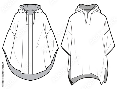 Poncho Hoodie, Kimono Hoodies, Oversize Loose Fit Hoodies Fashion Illustration, Vector, CAD, Technical Drawing, Flat Drawing, Template, Mockup