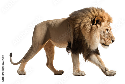 an isolated lion walking side view, majestic, stalking prey, fierce jungle-themed photorealistic illustration on a transparent background in PNG. Panthera leo. King of the Jungle. Generative AI