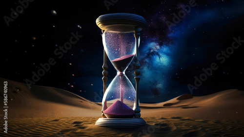 Hourglass with Purple Sand in Desert, Blue Galactic Cloud and Dark Sky, generative ai