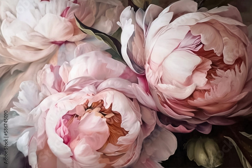 Horizontal oil painting of pink peony flowers bouquet, impasto, huge close-up, generative ai