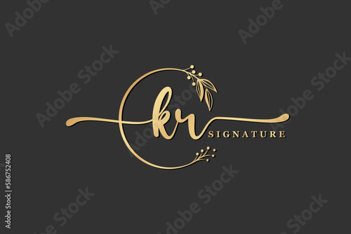luxury signature initial kr logo design isolated leaf and flower