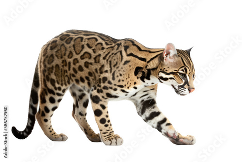 an isolated ocelot jungle cat walking and stalking prey, side-view portrait, safari-themed photorealistic illustration on a transparent background cutout in PNG, generative ai