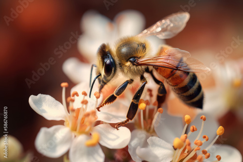 Honey bee collecting pollen on the flower, nectar collecting production of natural honey closeup of honey, macro concept illustration, generative ai