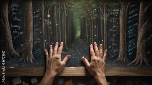 An image of a person's hands holding a chalkboard, with different quotes and inspirational messages forming a surreal trail through a forest Generative AI