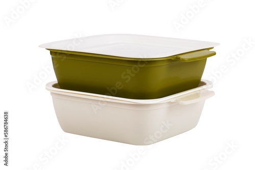 2 of plastic food containers Stacked Together isolated on white background. Home product for kitchen, preparation, storage containers, and serving products for the kitchen and home. Food containers.