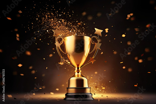 Winner Gold trophy with stars flying, generative Ai