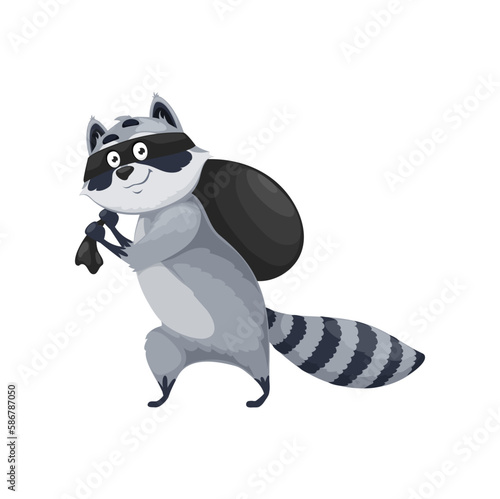 Cartoon raccoon character, isolated vector racoon wild forest animal bandit or thief wear black robber mask carrying big sack with stolen food or things. Coon villain personage for kids book or game