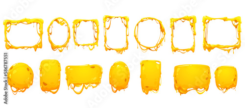 Cheese melt frames and borders of yellow sauce drips, vector Cheddar, Parmesan or Mozzarella. Cheese melting frames and borders of yellow cartoon cheesy flows for picture or photo background