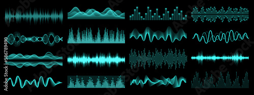 HUD equalizer sound waves, music audio interface elements, vector frequency waveform. HUD voice sound wave or radio signal digital waves of music volume and recording or play equalizer scale