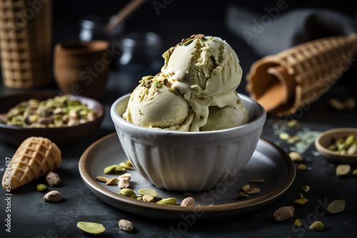 pistachio ice cream with chopped nuts. generative AI.