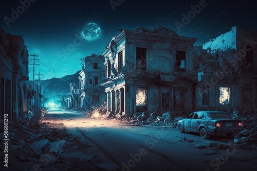 City street with buildings and ruins after earthquake. Ai. Destroyed abandoned town landscape