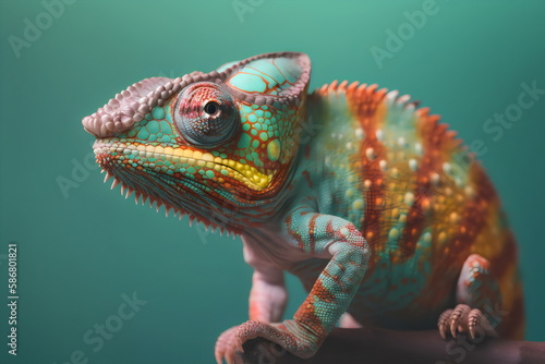 patterned colorful chameleon on green studio background made with generative ai