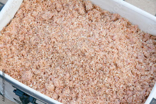 Bread crumb based krill mixed ground bait in the chum bucket for Japanese rock shore fishing