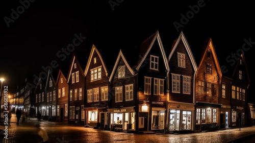 Night view of a historical wooden district Bryggen in the norwegian city Bergen. Generative AI