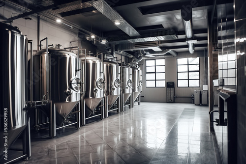 interior of modern craft brewery factory with equipment for beer production. Generative AI illustration