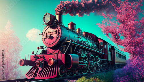 colorful background with steam train in the spring. Generative AI