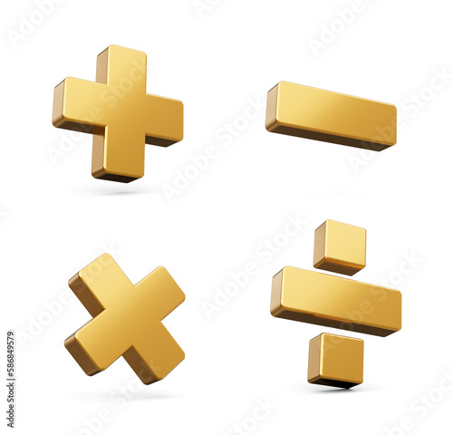 3d Golden Shiny Plus, Minus, Multiply And Divide Sign Isolated On White Background, 3d illustration