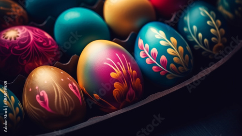 Wielkanocne ozdoby. Jajka wielkanoc. Kolorowe pisanki. Wiosenne ozdoby. Drewno tekstura. Generative AI