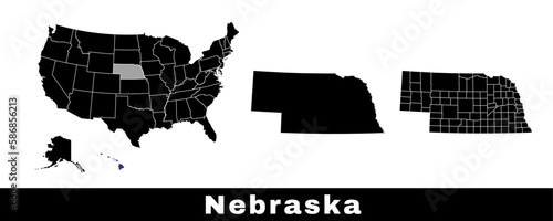 Nebraska state map, USA. Set of Nebraska maps with outline border, counties and US states map. Black and white color.