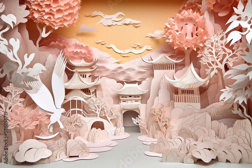 Paper collage with the image of Shangri-La in pastel beige colors. Generative AI. 