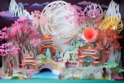 Pagodas, flowers, flowering trees and a river in the harmonious setting of Shangri-La. Illustration in paper style. Collage. Generative AI. 