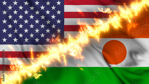 Illustration of a waving flag of Niger and the United States separated by a line of fire. Crossed flags: depiction of strained relations, conflicts and rivalry between the two countries.