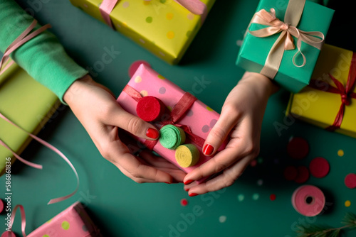 Close-up view as woman wrapping Christmas gift, created with Generative AI Technology