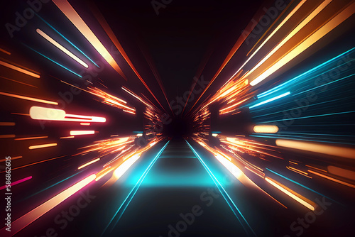 Neon lights speed tunnel background. Generative ai.
