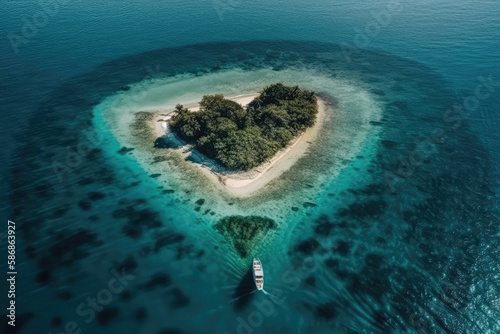 Paradise Island Heart Form is a romantic image of a tropical island surrounded by crystal-clear ocean waters. The heart-shaped island is a true paradise.