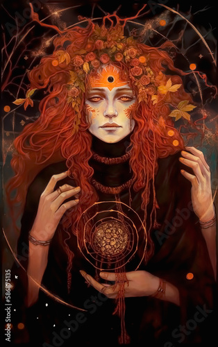 Spirit of Samhain, a woman communes with her ancestors representing Hallows. Generative AI