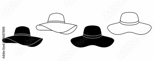 outline silhouette women's hat icon set isolated on white background