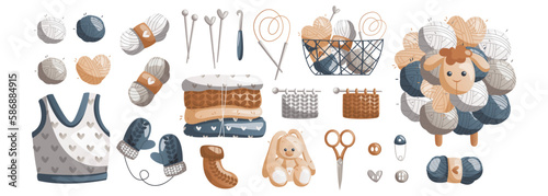 Set of basket with balls of wool, needles, crochet hook, scissors, pin, clothes, toy rabbit. Skein of yarn. Tools, equipment for knitwork, handicraft. Handmade needlework, hobby.Knitting studio.Vector