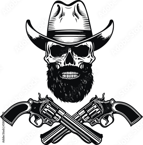 Cowboy skull in a western hat and a crossed gun revolver Vector illustration