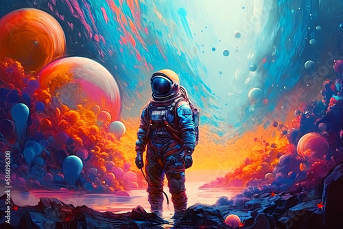 Astronaut in a spacesuit performing a spacewalk against the background of stars and planets.Colorful Generative AI illustration Human spaceflight