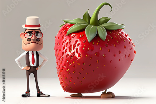 Cartoon man with strawberry on white background, 3D illustration. generative ai